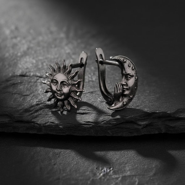 Sun Moon Earrings: Mismatched Celestial Design - Black Rhodium Plated Sterling Silver, Gothic Jewelry, Handmade Artisan Gift