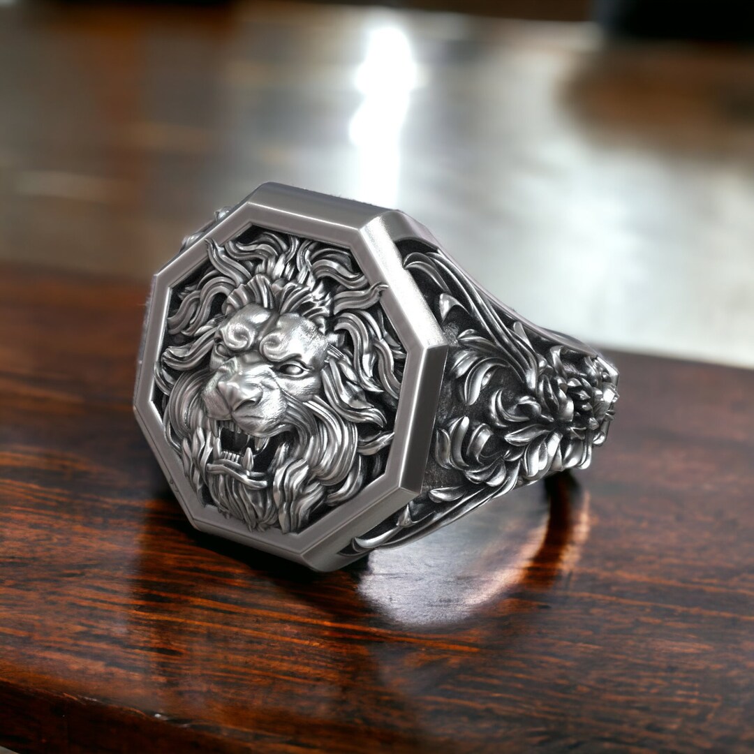Lion Head Signet Ring 925 Sterling Silver Royal Baroque Pattern ...