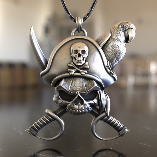 Pirate Skull with Swords & Parrot Pendant, 925 Sterling Silver Necklace, Buccaneer Essence, Handcrafted Art, Sea Adventure, Unique Design
