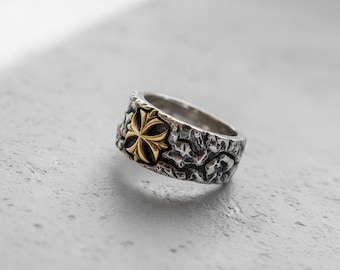 Gothic Cross Ring 925 Sterling Silver Two Color Finish Rustic Textured Band Men's Statement Jewelry Artisan Biker Gift