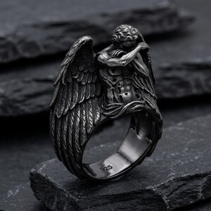 Bague ange pleureur, argent sterling 925 or vermeil, anneau sculpture ange déchu, bijoux gothiques pour homme Black Rhodium Plated