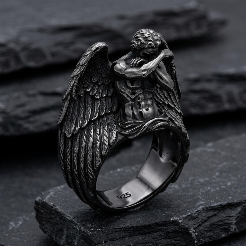 Bague ange pleureur, argent sterling 925 or vermeil, anneau sculpture ange déchu, bijoux gothiques pour homme Black Rhodium Plated