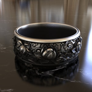 Japanische Lotus Blume Kanji - 925 Sterling Silber Ring, Ornamentaler Ehering, elegantes Design, kulturelles Symbol, Brautschmuck