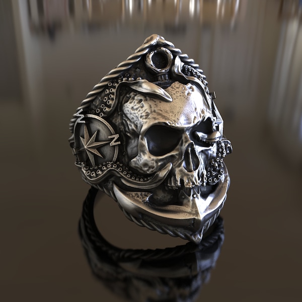 Sunken Skull Pirate Anchor Themed 925 Sterling Silver Ring, Handcrafted Nautical Jewelry, Perfect Gift for Sea Lovers and Pirate Enthusiasts