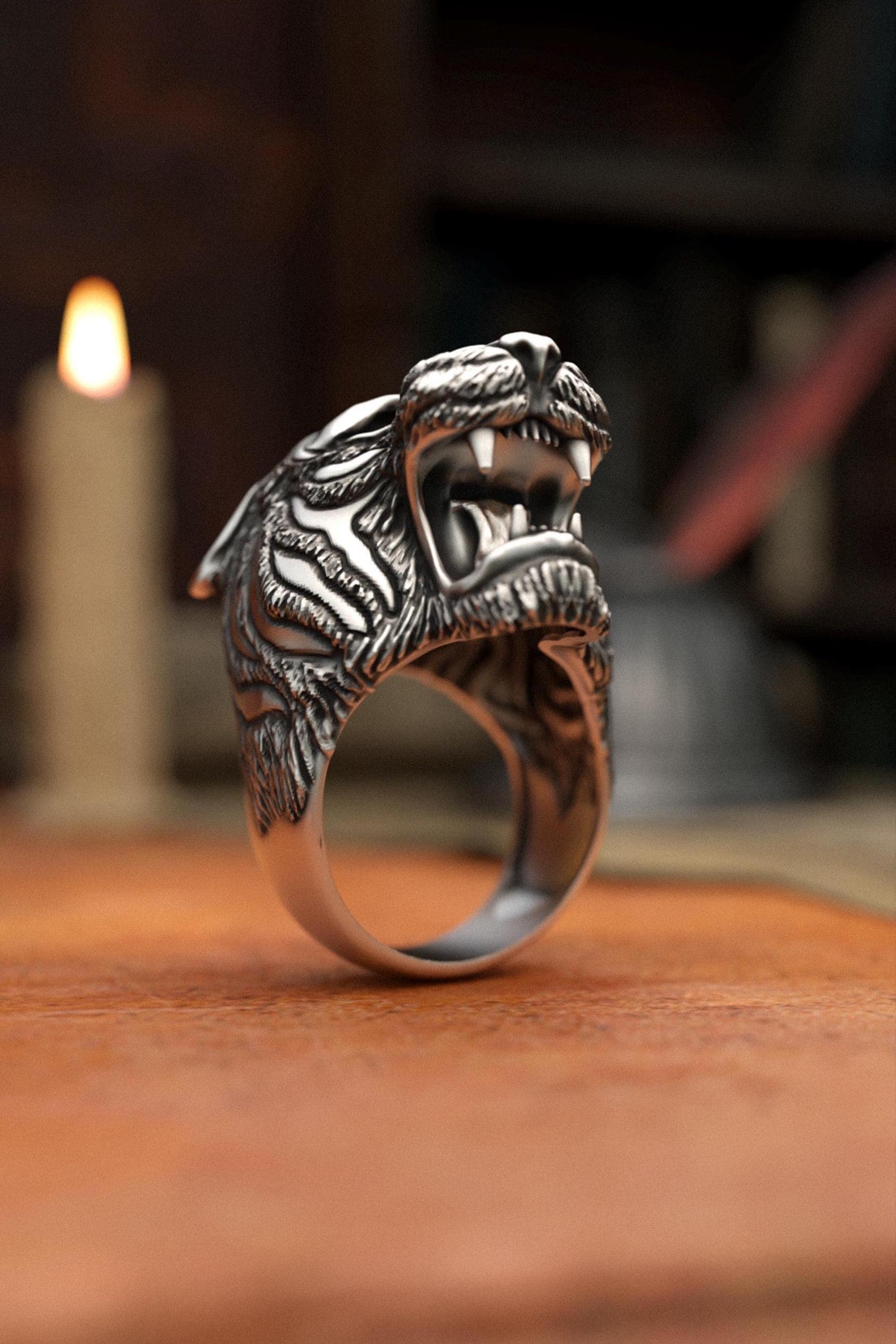 Asian Tiger Ring, 925 Sterling Silver, Handmade Unisex Band, Power