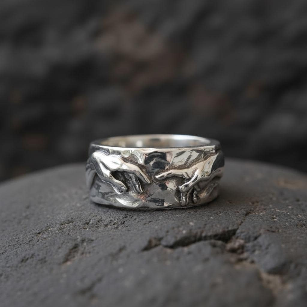 Creation of Adam Ring Polished Silver Band, Hands of God Ring 925