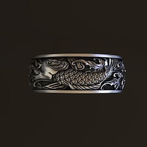 Carp and Waves With One Koi Fish 925 Silver Nature Ring, Sterling Silver Japanese Art Men Wedding Jewelry Anniversary Ring, Best Friend Gift