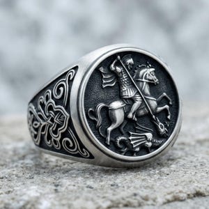 St. George of Lydda Dragon Silver Ring - Adjustable, Unisex, Christian Legend - Unique Gift for Faithful, History Buffs, and Collectors