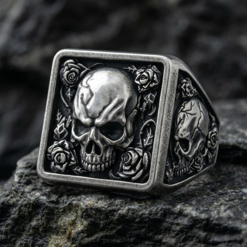 Skull and Roses Square Signet Ring 925 Sterling Silver Gold Vermeil ...