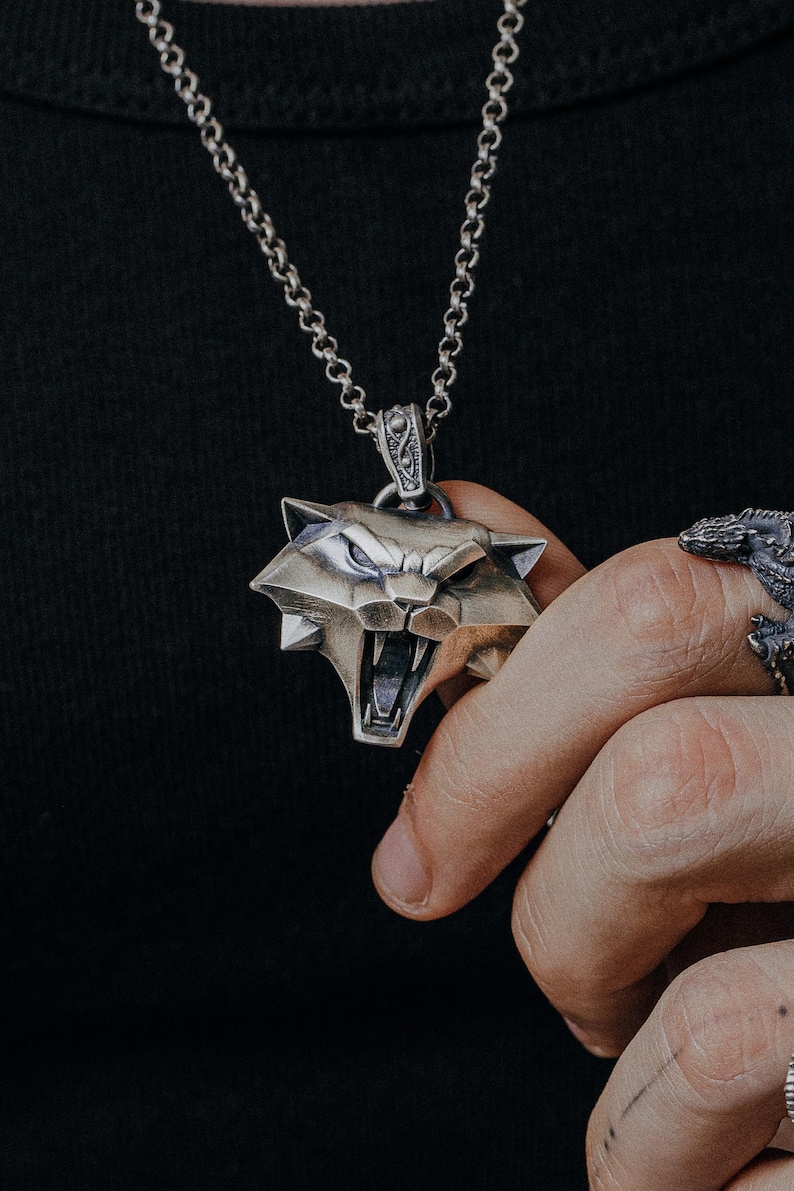 Cat School wolf pendant in 925 sterling silver with geometric witcher design