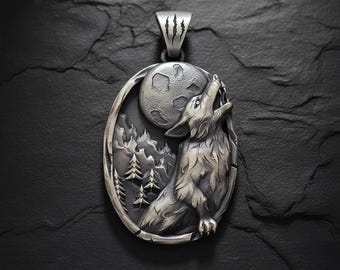 Howling Wolf Pendant Sterling Silver | Wolf Moon Necklace with Forest Scene | 925 Silver Animal Jewelry Men