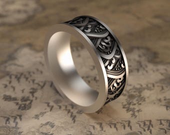 Elegant Japan Waves Ring, Men Wedding Band, Sterling Silver Statement Band, Luxury Jewelry, The Great Wave of Kanagawa Ring, Gift for Him