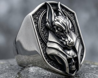 Anubis-Ring, Schmuckstück aus dem ägyptischen Götterhimmel, 925er Sterlingsilber, Mythologie des Alten Ägypten, Schakalkopf-Ring, Unisex-Ring im Boho-Gothic-Stil, verstellbare Größe