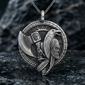 925 Sterling Silver Viking Raven Pendant Oxidized Finish Norse Mythology Axe Necklace Mens Artisan Jewelry