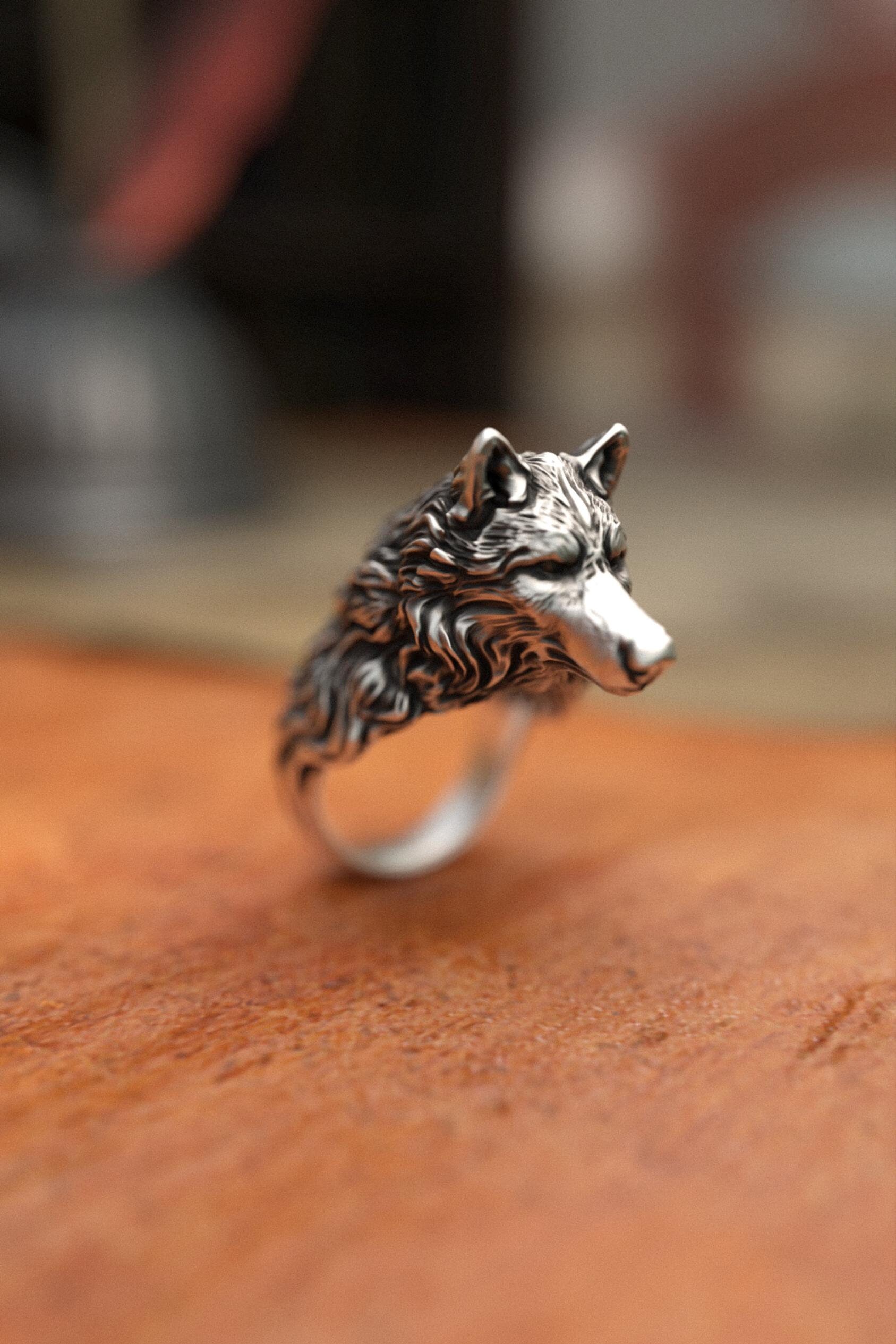 Happy Virtuous Wolf Silver Ring 925 Sterling Silver Intricate Design Handmade Artisan Crafted Unique Jewelry Men and Women Animal Lover Gift