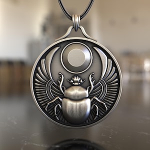 Egyptian Scarab Beetle Necklace 925 Sterling Silver Amulet Jewelry with Sun and Moon Symbols Ancient Protection Pendant for Men and Women