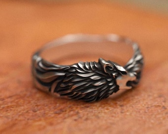 Wolf Ring, Sterling Silver 925 Band, Unisex Boho Jewelry, Animal Lover Gift, Nature Inspired, Woodland Theme, Werewolf Howling Moon Ring