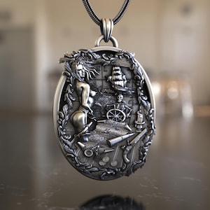 Nautische Piraten Abenteuer 925 Sterling Silber Halskette mit Karte Kompass Schiffsskelett und Schatz Design für Fantasy-Liebhaber