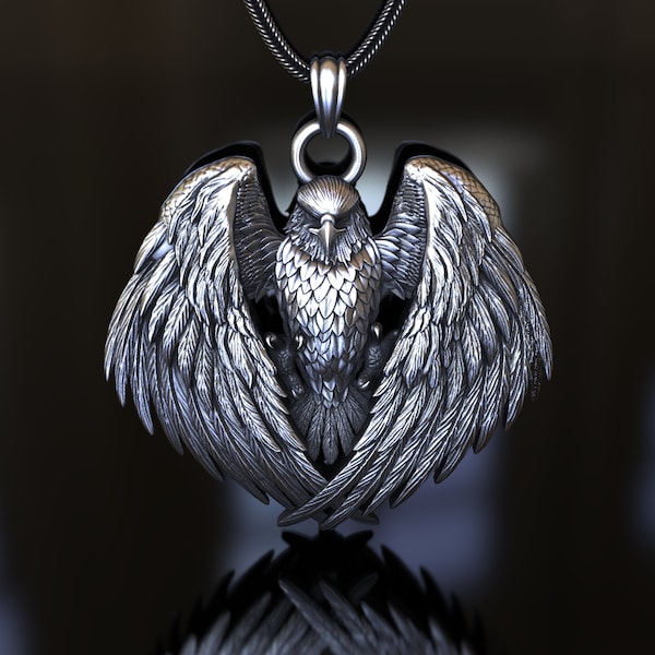 Adler-Angriff Flügel Anhänger, 925 Sterling Silber Soaring Halskette, Handgefertigte Handwerker Schmuck Unisex Wild Symbol, Statement Stück
