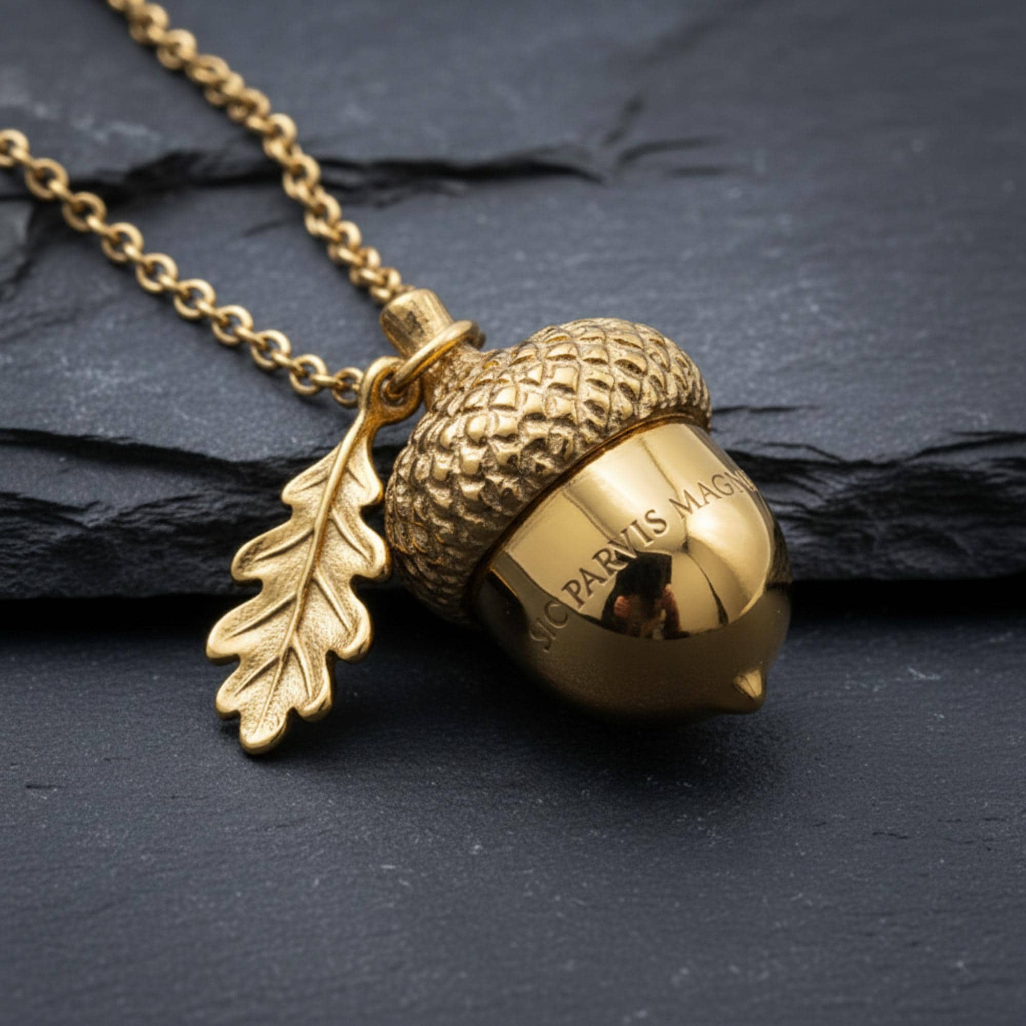 Sic Parvis Magna Acorn Pendant 14K Gold Vermeil 925 Sterling