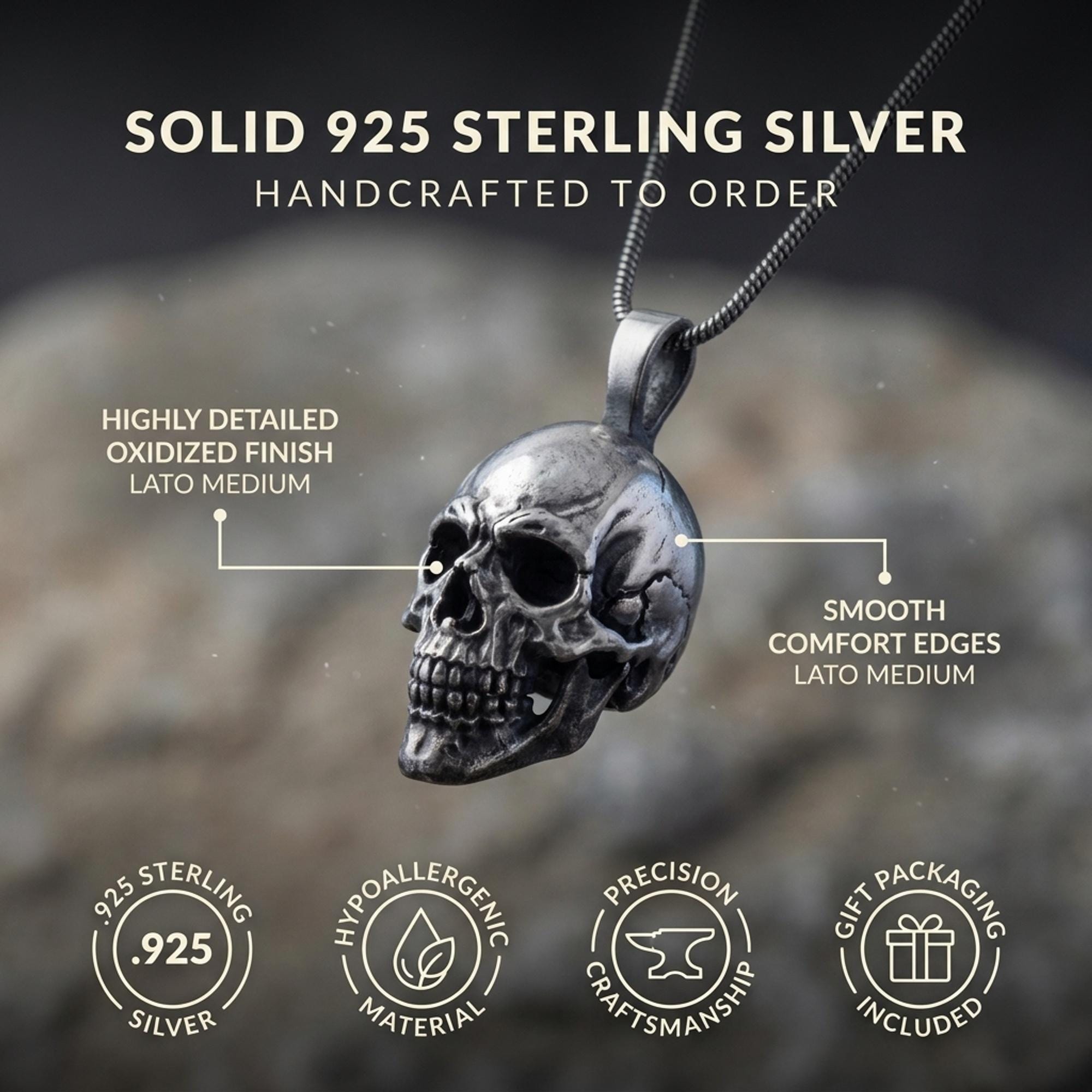 925 Sterling Silver Skull Pendant Necklace, Gothic Biker Style
