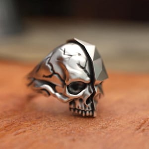 Geometric Skull Ring 925 Sterling Silver | Faceted Polygon Design | Modern Low Poly Biker Jewelry | 3D Minimalist Statement Ring