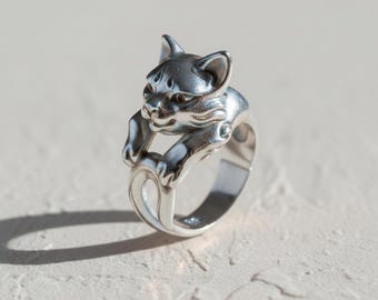 Adorable 925 Sterling Silver Cat Ring - Handcrafted, Adjustable