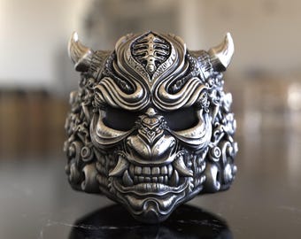 Hannya Oni Mask Ring, Japanese Folklore Inspired, 925 Sterling