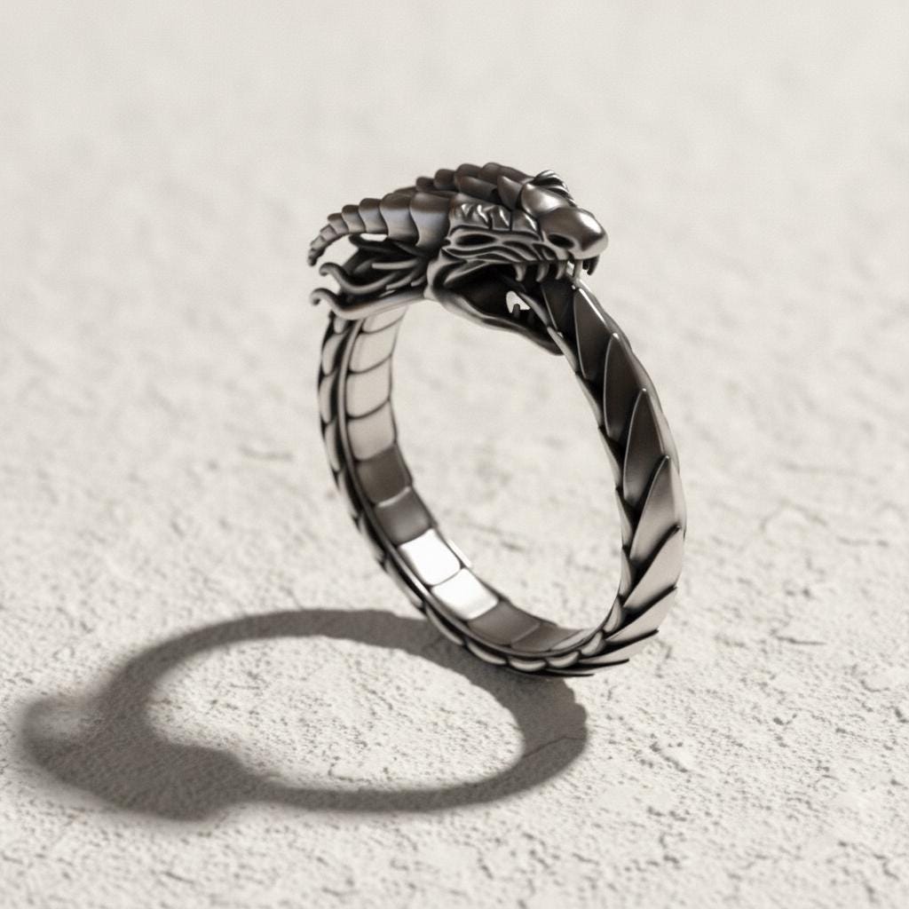 Ouroboros Dragon Handmade Sterling Silver Men Ring, Ouroboros