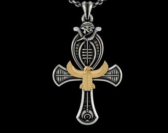 Egyptian Ankh Necklace Sterling Silver 925 Eye of Ra Gold Vermeil Two Tone Detail Cross Pendant Men's Ancient Symbol, Women's Ancient Symbol