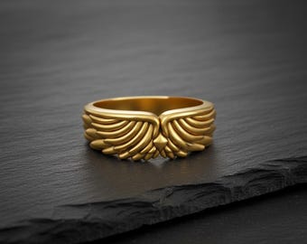 Angel Wings Ring 925 Sterling Silver 14K Gold Vermeil Plumage Biker Band Statement Jewelry Unisex Gift