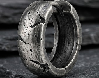 Brutalist Hoop Earring in Oxidized 925 Sterling Silver, Raw Weathered Chunky Men's Huggie