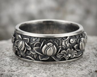 Japanese Lotus Flower Kanji - 925 Sterling Silver Ring, Ornamental Wedding Band, Elegant Design, Cultural Symbol, Bridal Jewelry