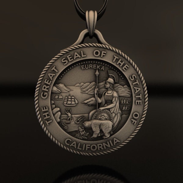 Pendentif grand sceau de Californie, argent sterling 925, collier emblème d'État, bijoux artisanaux fabriqués à la main, cadeau patriotique, pièce de déclaration