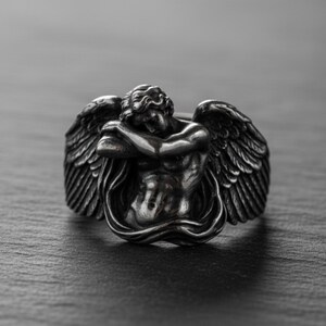 Fallen Angel Ring 925 Sterling Silver 14K Guld Vermeil Alexandre Cabanel Art Gothic Lucifer Statement Smycken för Herrar Black Rhodium Plated
