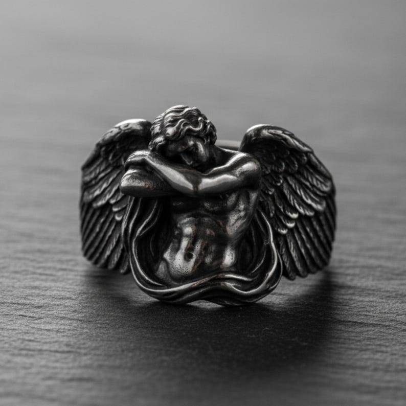 Fallen Angel Ring 925 Sterling Silver 14K Guld Vermeil Alexandre Cabanel Art Gothic Lucifer Statement Smycken för Herrar Black Rhodium Plated