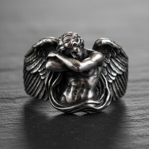 Fallen Angel Ring 925 Sterling Silver 14K Guld Vermeil Alexandre Cabanel Art Gothic Lucifer Statement Smycken för Herrar Oxidized Matte