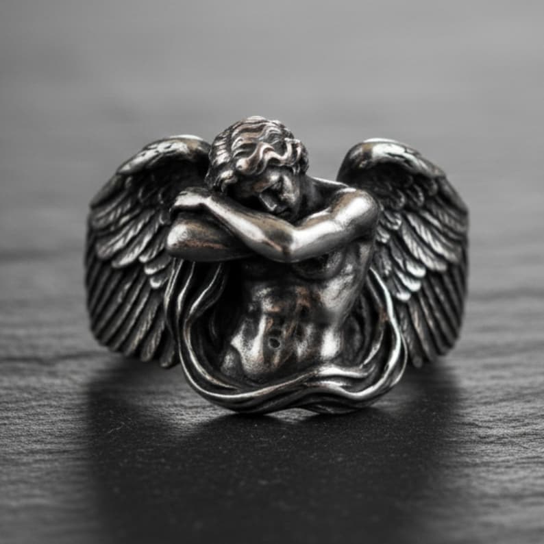 Fallen Angel Ring 925 Sterling Silver 14K Guld Vermeil Alexandre Cabanel Art Gothic Lucifer Statement Smycken för Herrar Oxidized Matte