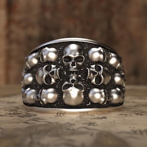 Skulls Sterling silver ring handmade solid medieval 925 unique unisex men women punk gothic goth biker mens oxidized jewelry gift her him