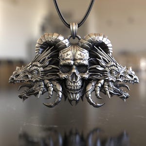 Dazzling 925 Sterling Silver Necklace Featuring Two Dragons Skull with Horn Mythical Pendant for Fantasy Lovers Enchanting Statement Jewelry