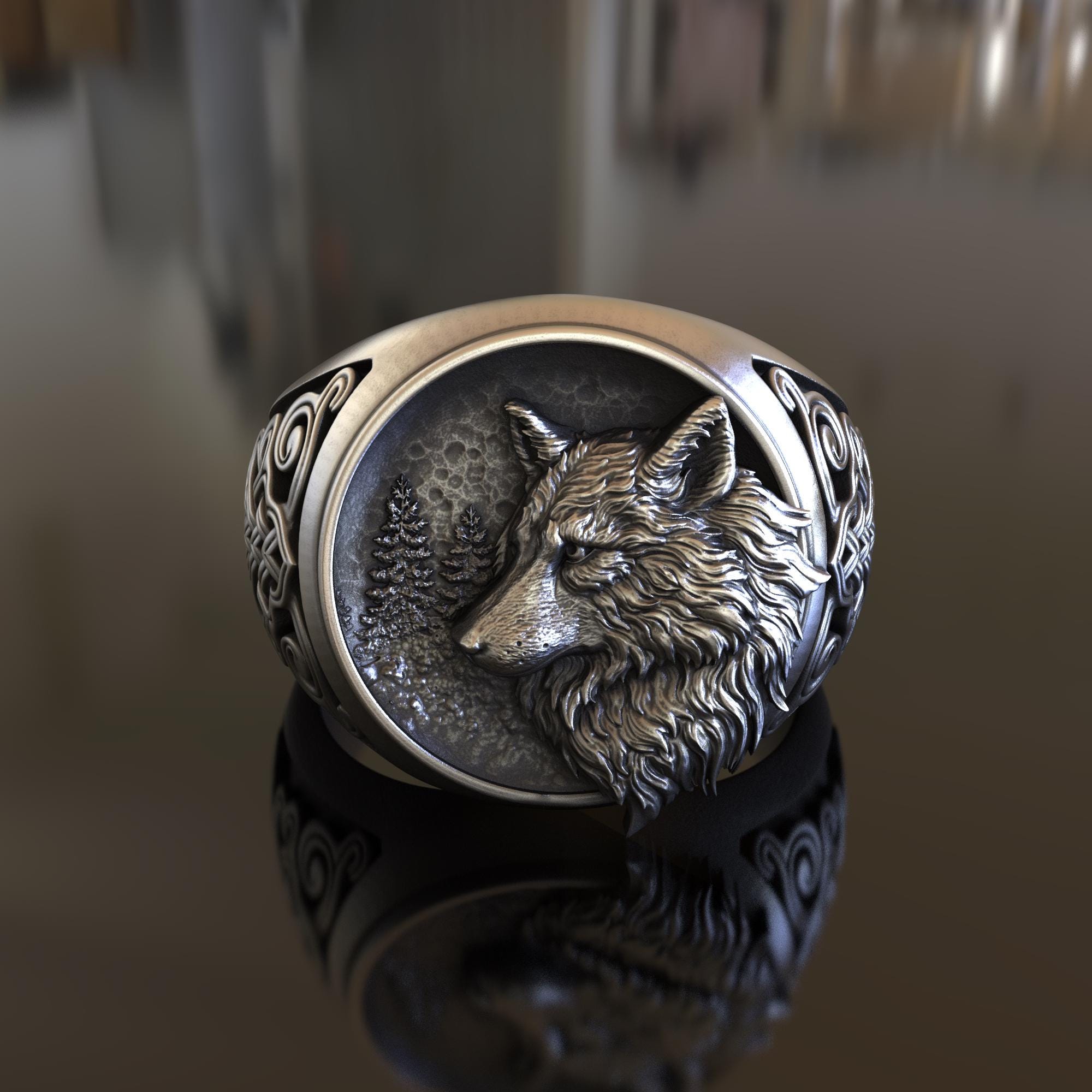 925 Sterling Silver Wolf and Moon Ring, Handcrafted Nature