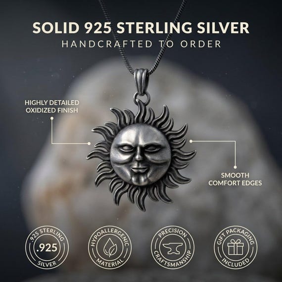Majestic Sun Face Pendant Necklace in 925 Sterling Silver