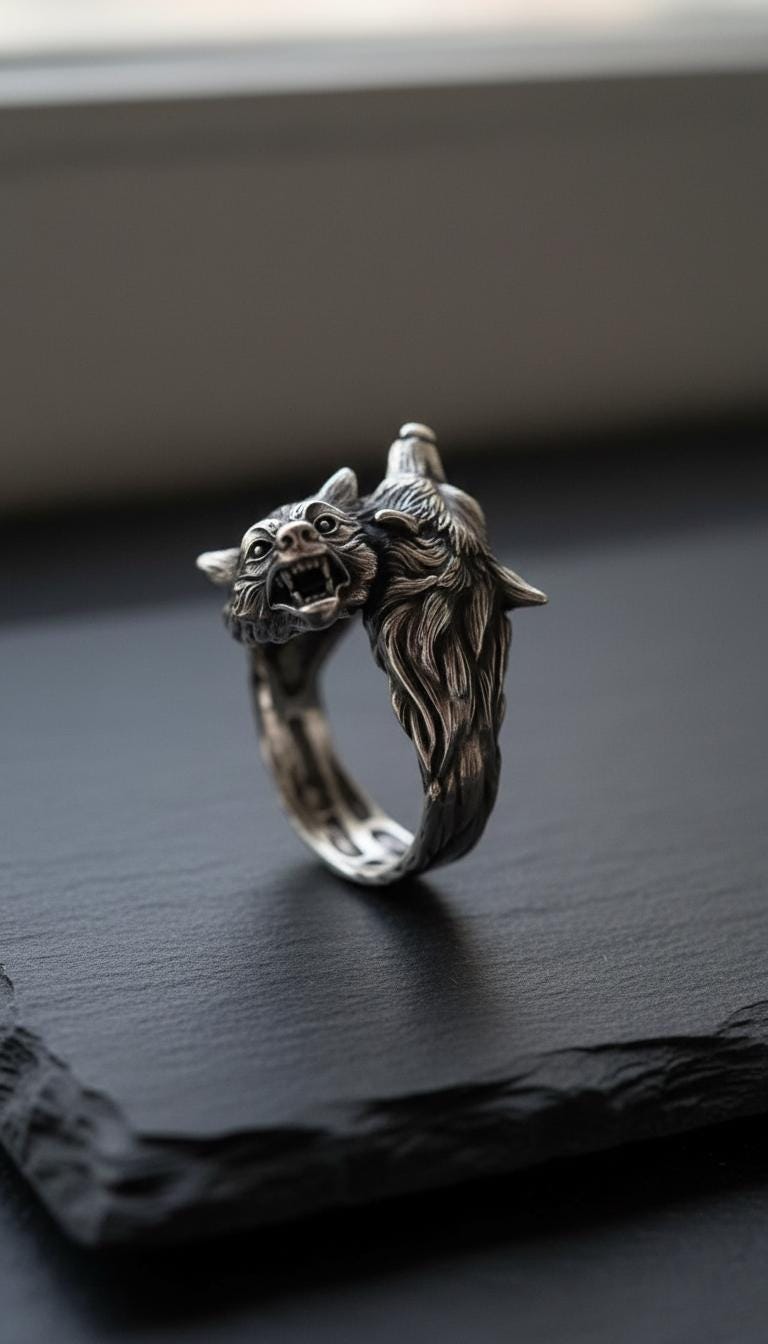 Anello con sigillo in argento sterling raffigurante un lupo