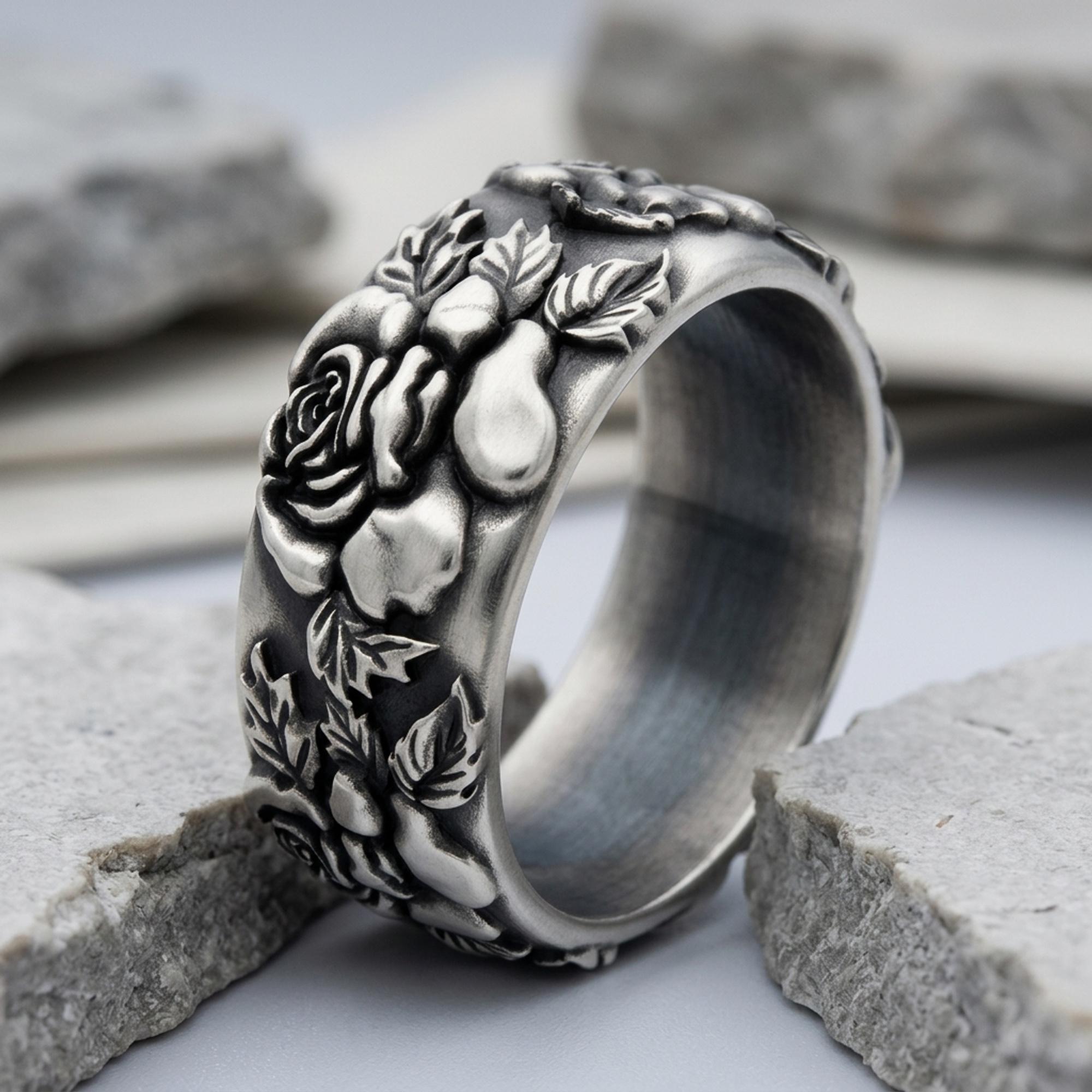 Rose Flower Engagement Ring, Nature Inspired Mens Wedding Band