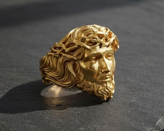 Jesus Christ Ring 925 Sterling Silver 14K Gold Vermeil Crown of Thorns Christian Jewelry Men