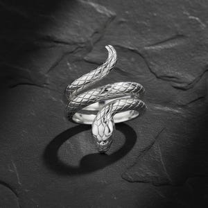 Puede incluir: Un anillo plateado con forma de serpiente enrollada. La cabeza de la serpiente está en la parte delantera, con escamas detalladas en su cuerpo. El anillo se encuentra sobre un fondo oscuro y texturizado.
