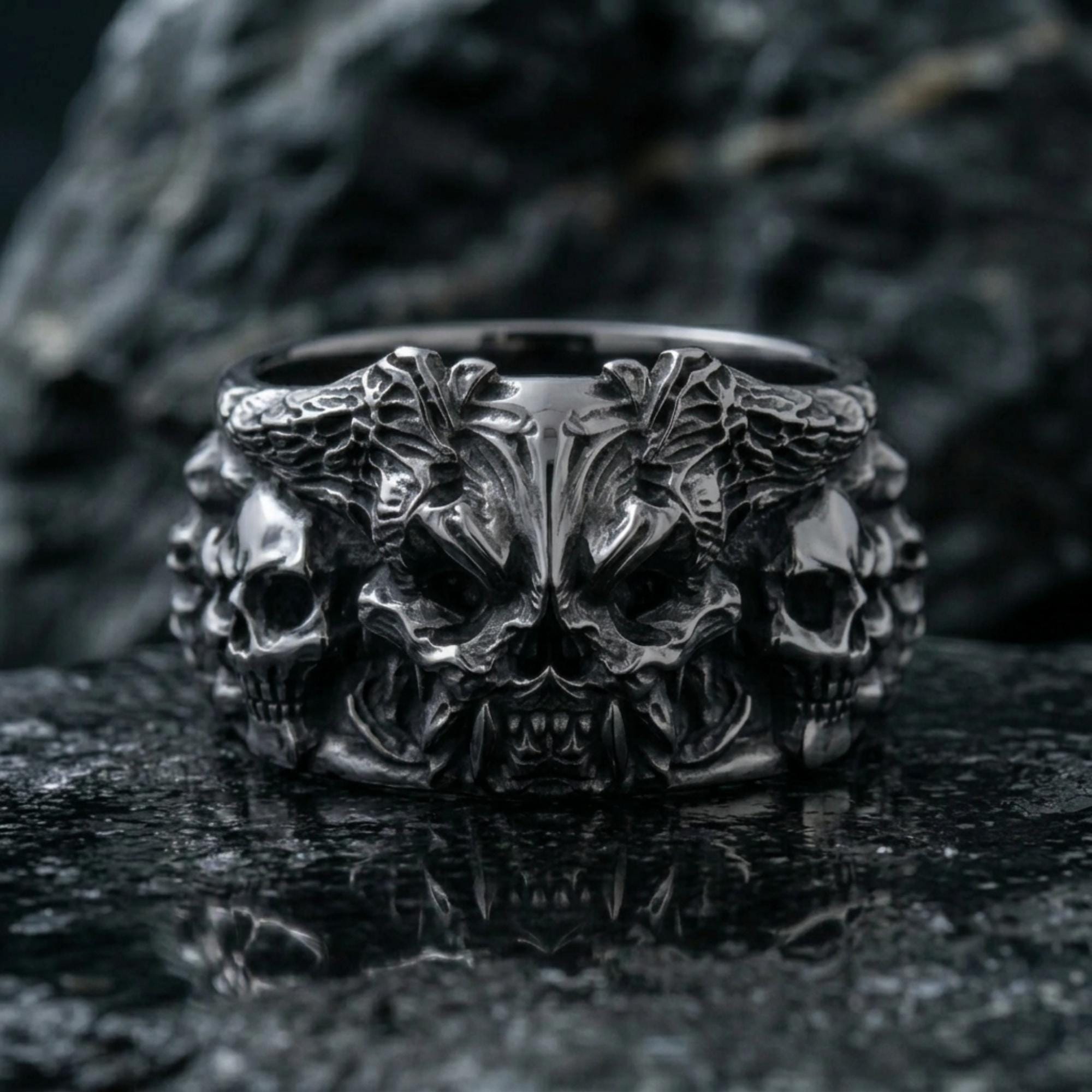Demon Skull Ring 925 Sterling Silver Gothic Design Handmade