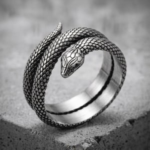Può includere: Un anello in metallo color argento a forma di serpente avvolto. La fascia presenta un motivo a scaglie dettagliato e testurizzato che copre l'intera superficie esterna, con la testa del serpente che poggia su un'estremità del design aperto.