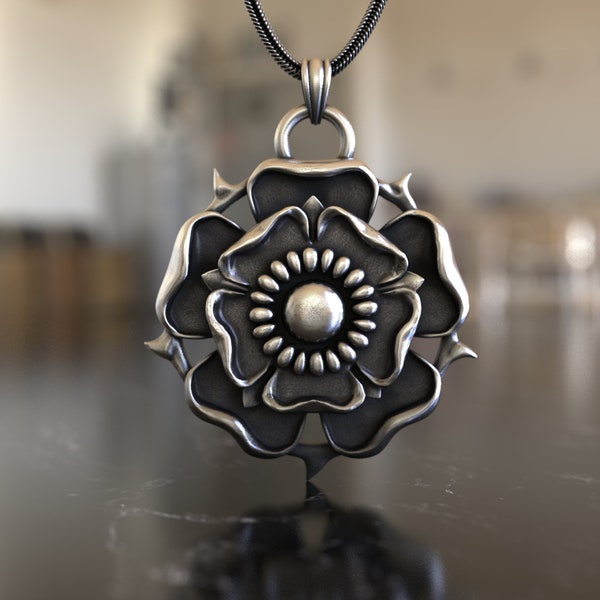 Tudor Rose Pendant, 925 Sterling Silver, Historical Flower Necklace Handcrafted Artisan Jewelry Unisex Heritage Gift, Statement Piece
