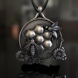 Two Bees with Flowers Themed 925 Sterling Silver Necklace Unique Nature-Inspired Jewelry - Ideal Gift for Beekeepers and Flower Enthusiasts